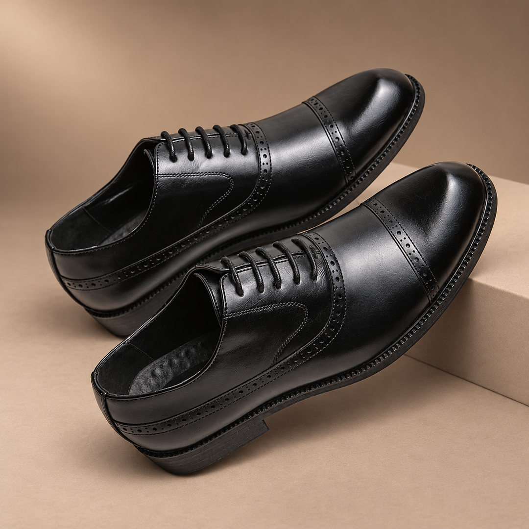 Genuine Leather Lace-Up Shoes in black, photographed in a warm taupe studio