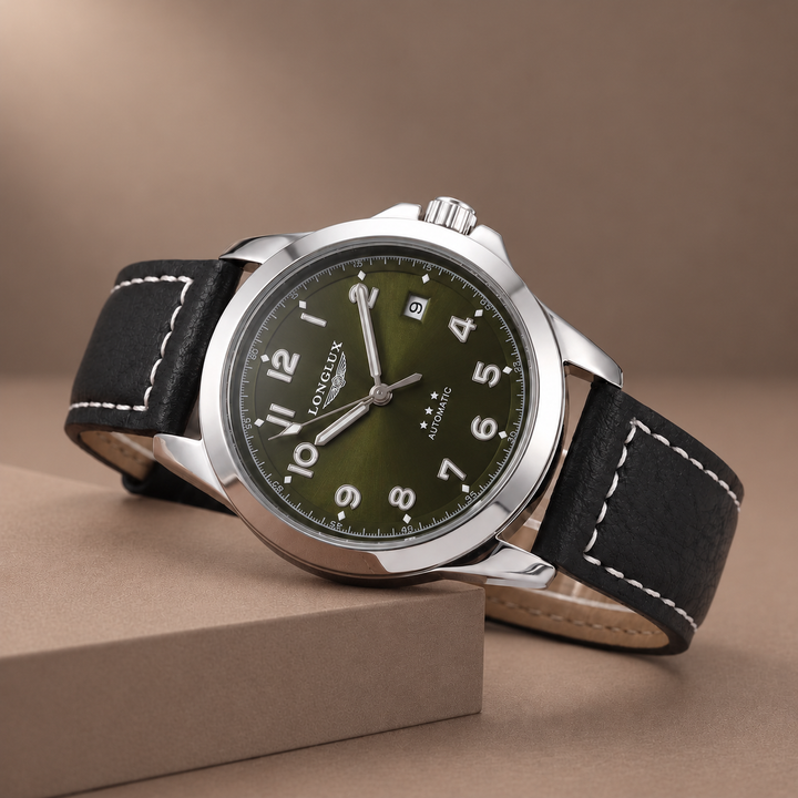 Classic Pilot Watch with Genuine Leather Strap in green, photographed in a warm taupe studio
