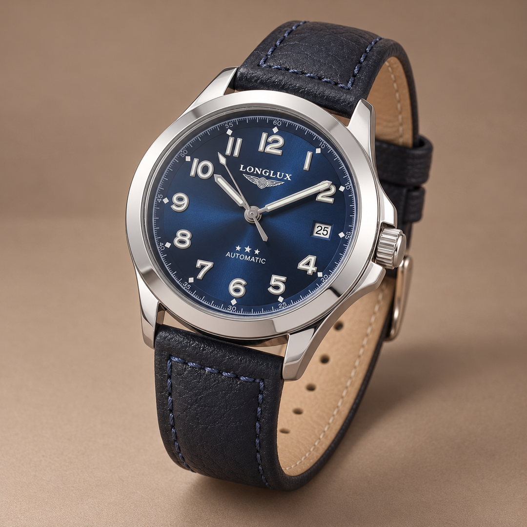 Classic Pilot Watch with Genuine Leather Strap in blue, photographed in a warm taupe studio