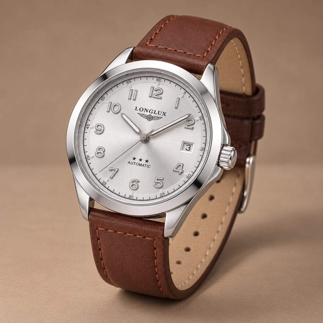 Classic Pilot Watch with Genuine Leather Strap in brown white, photographed in a warm taupe studio