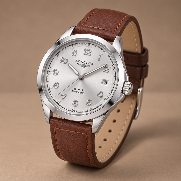 Classic Pilot Watch with Genuine Leather Strap in brown white, photographed in a warm taupe studio