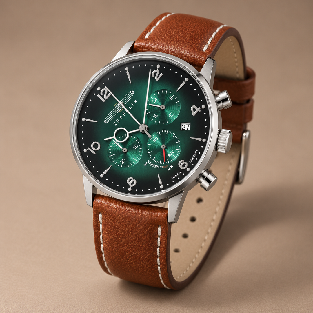 Ardenfort Leather-Strap Quartz Watch in green / brown, photographed in a warm taupe studio