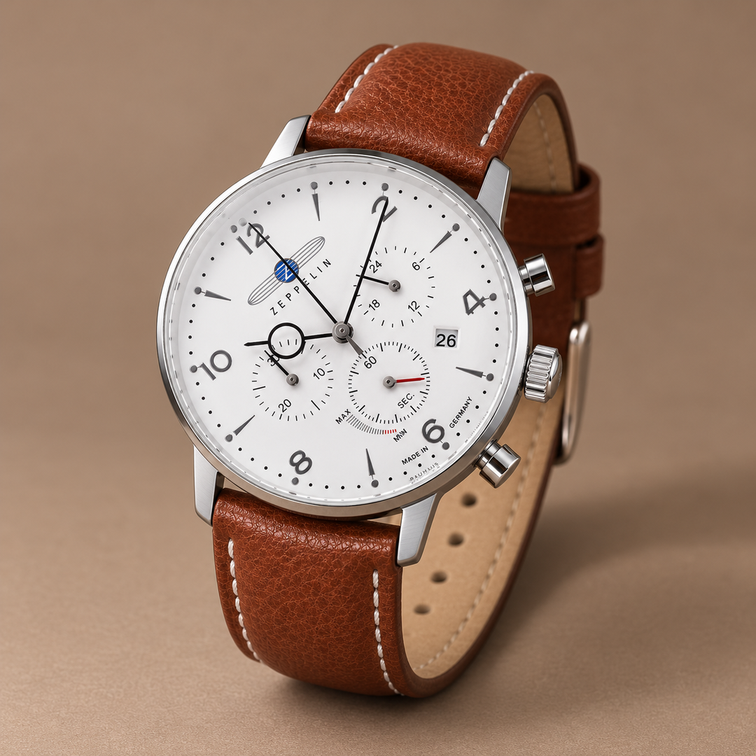 Ardenfort Leather-Strap Quartz Watch in white / brown, photographed in a warm taupe studio