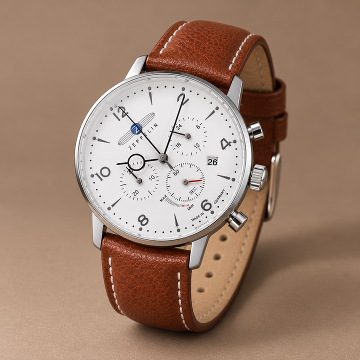 Ardenfort Leather-Strap Quartz Watch in white / brown, photographed in a warm taupe studio