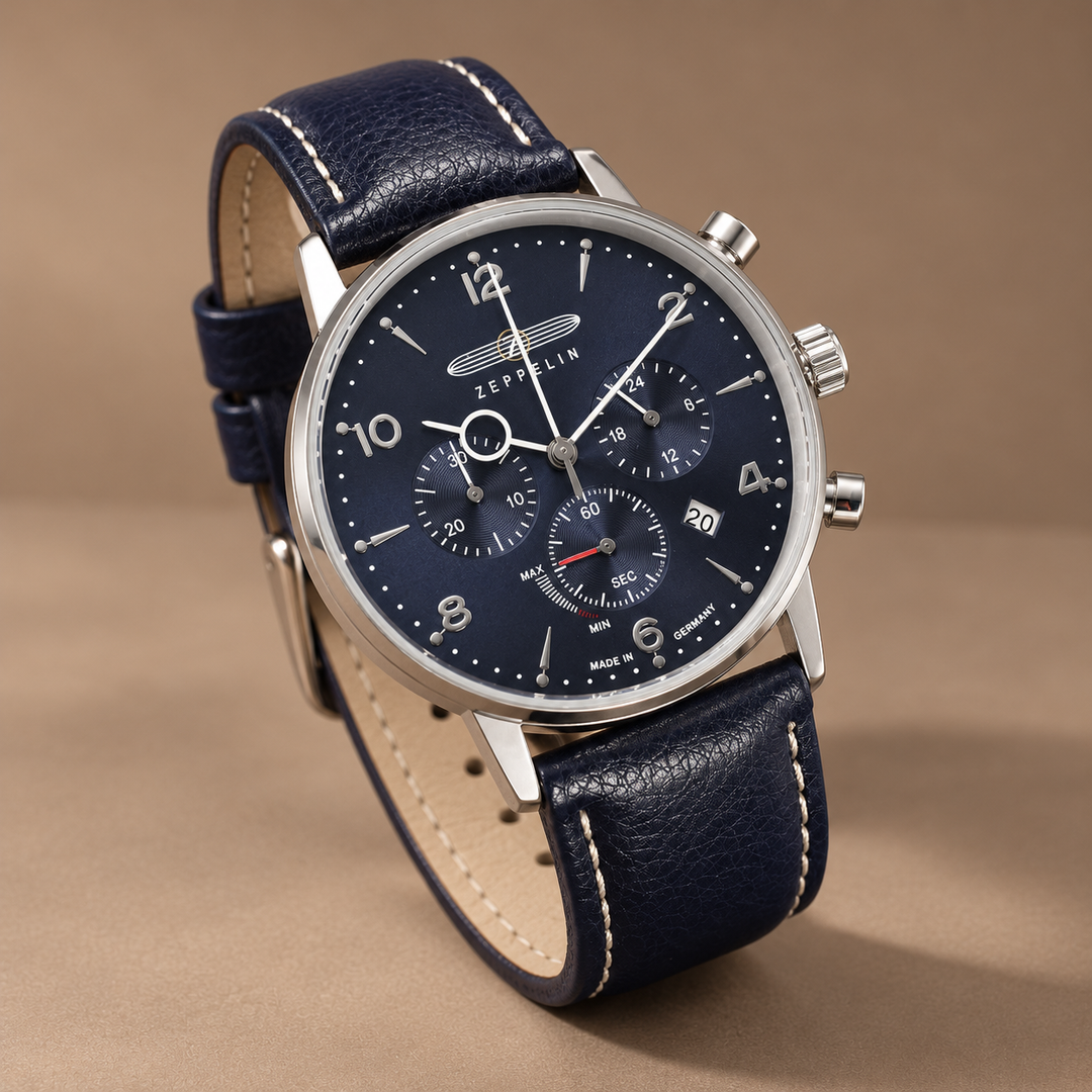 Ardenfort Leather-Strap Quartz Watch in navy / blue, photographed in a warm taupe studio