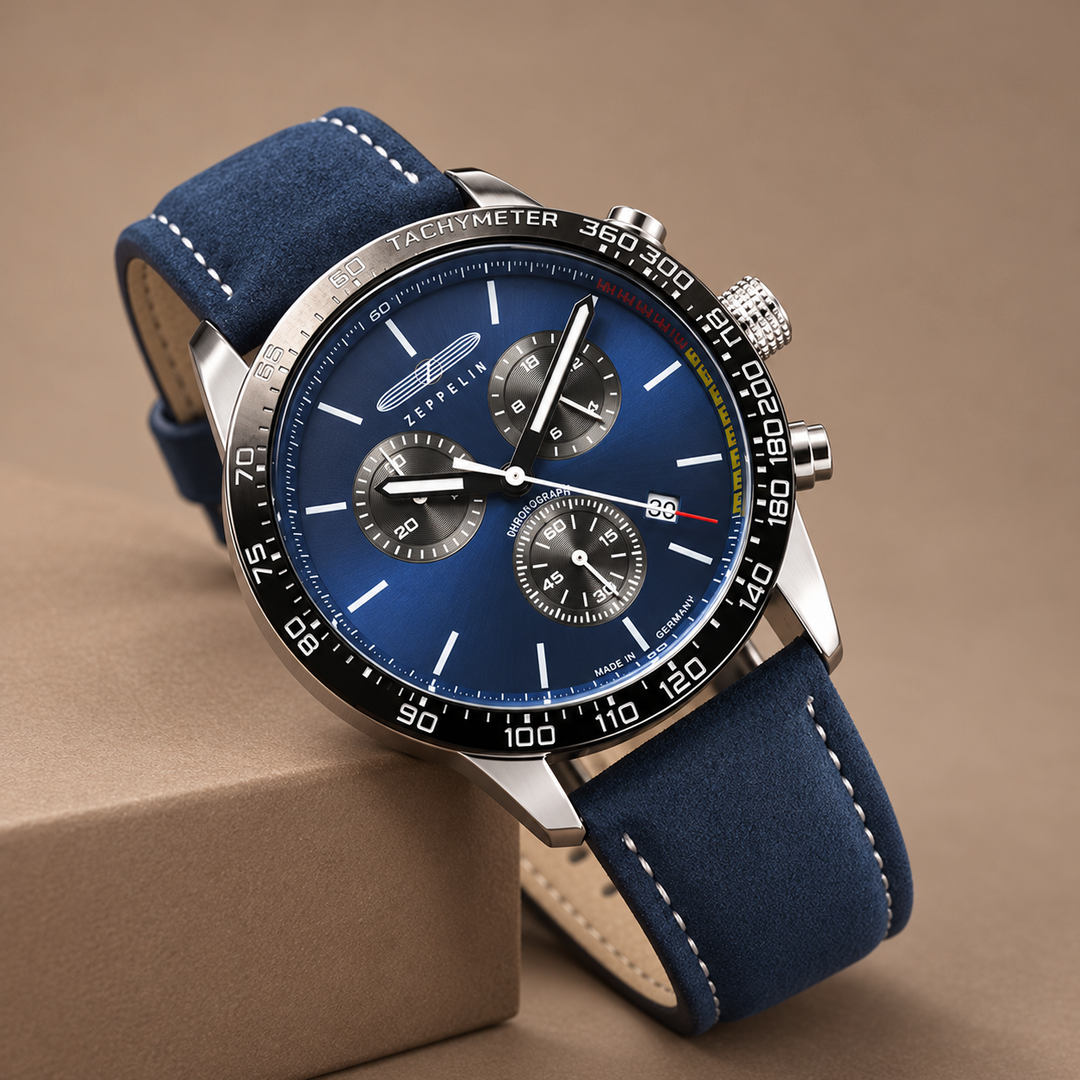 Ardenfort Leather-Strap Quartz Watch in blue / blue, photographed in a warm taupe studio