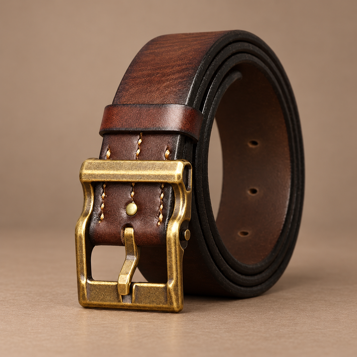 Marenzo Genuine Leather Brass-Buckle Belt in brown, photographed in a warm taupe studio