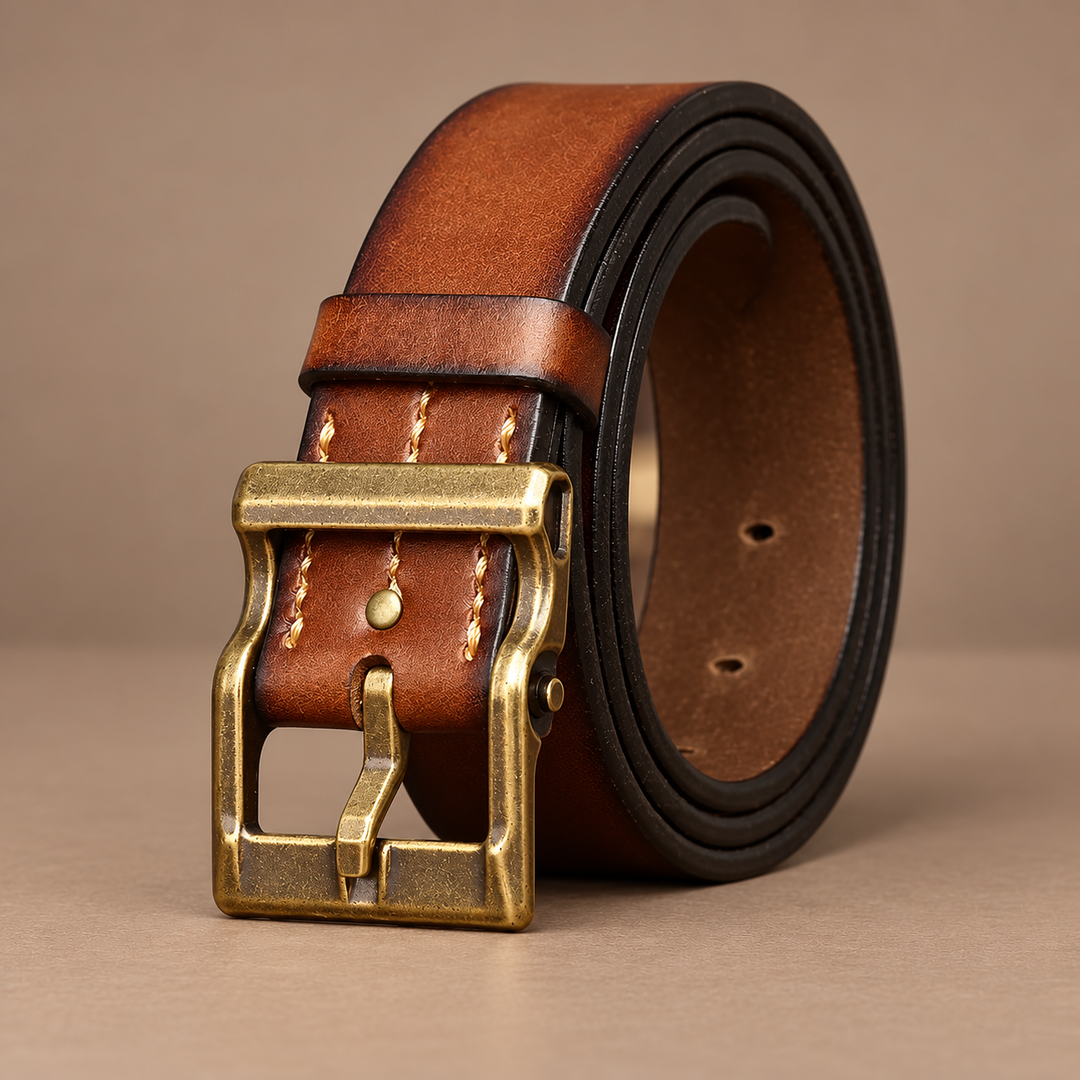 Marenzo Genuine Leather Brass-Buckle Belt in khaki, photographed in a warm taupe studio