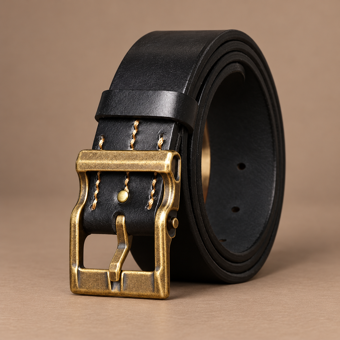 Marenzo Genuine Leather Brass-Buckle Belt in black, photographed in a warm taupe studio