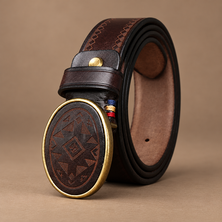 Orsini Genuine Leather Engraved Belt in dark brown, photographed in a warm taupe studio