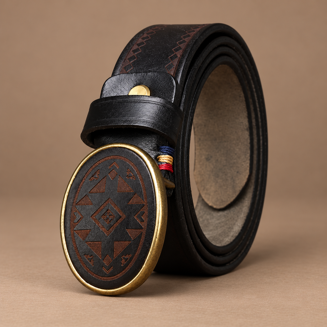Orsini Genuine Leather Engraved Belt in black, photographed in a warm taupe studio