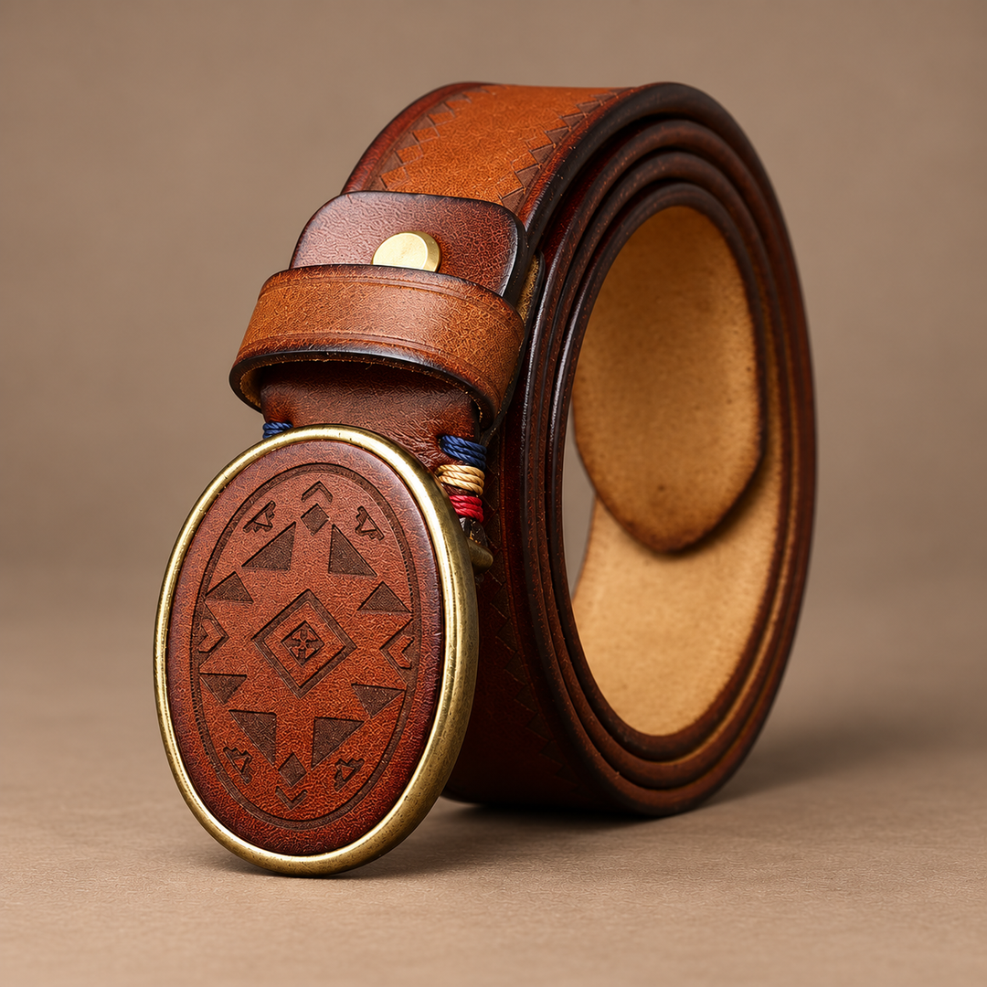 Orsini Genuine Leather Engraved Belt in brown, photographed in a warm taupe studio