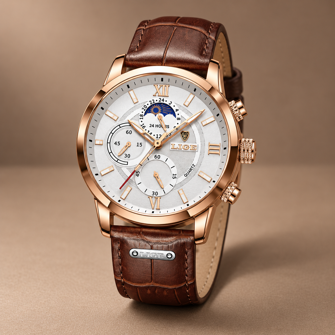 Napoli Watch with Genuine Leather Strap in brown / white, photographed in a warm taupe studio