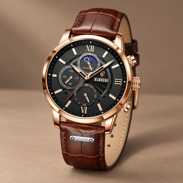 Napoli Watch with Genuine Leather Strap in brown / black, photographed in a warm taupe studio