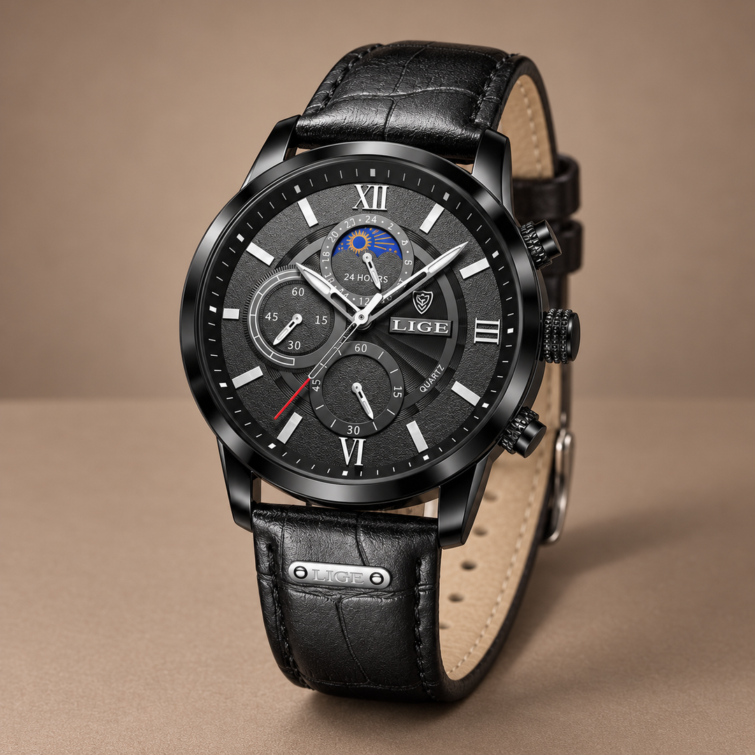Napoli Watch with Genuine Leather Strap in solid black, photographed in a warm taupe studio