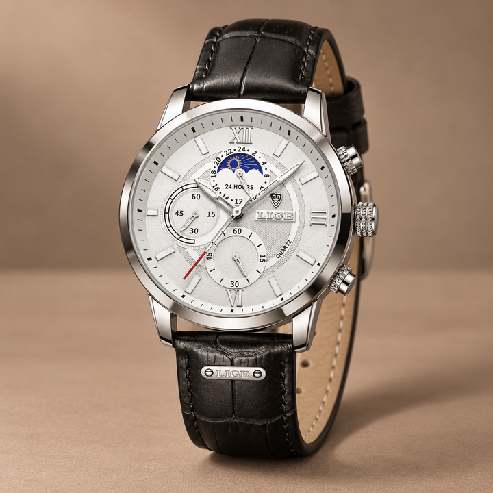 Napoli Watch with Genuine Leather Strap in black / white, photographed in a warm taupe studio