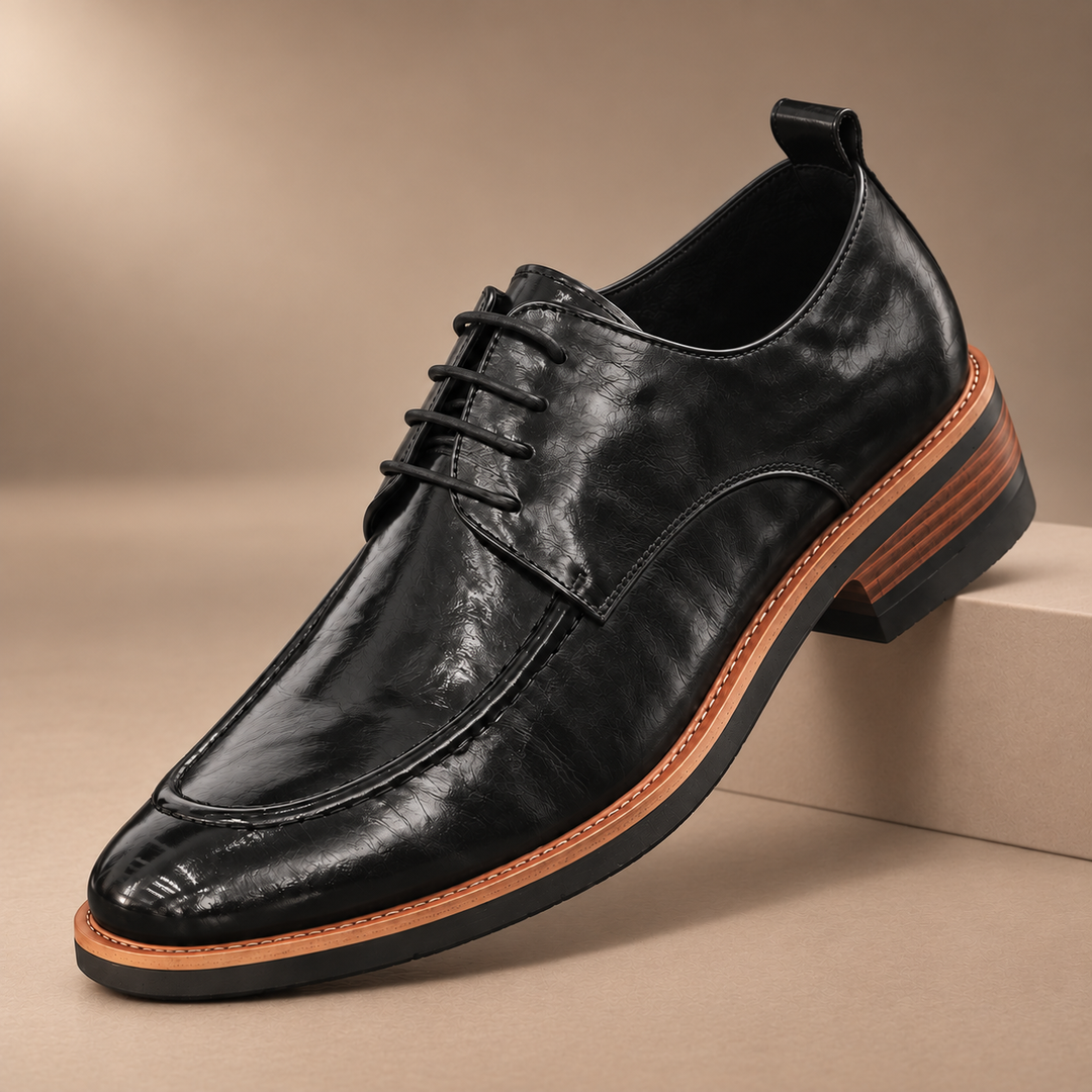 Dante Genuine Leather Derby Shoes in black, photographed in a warm taupe studio