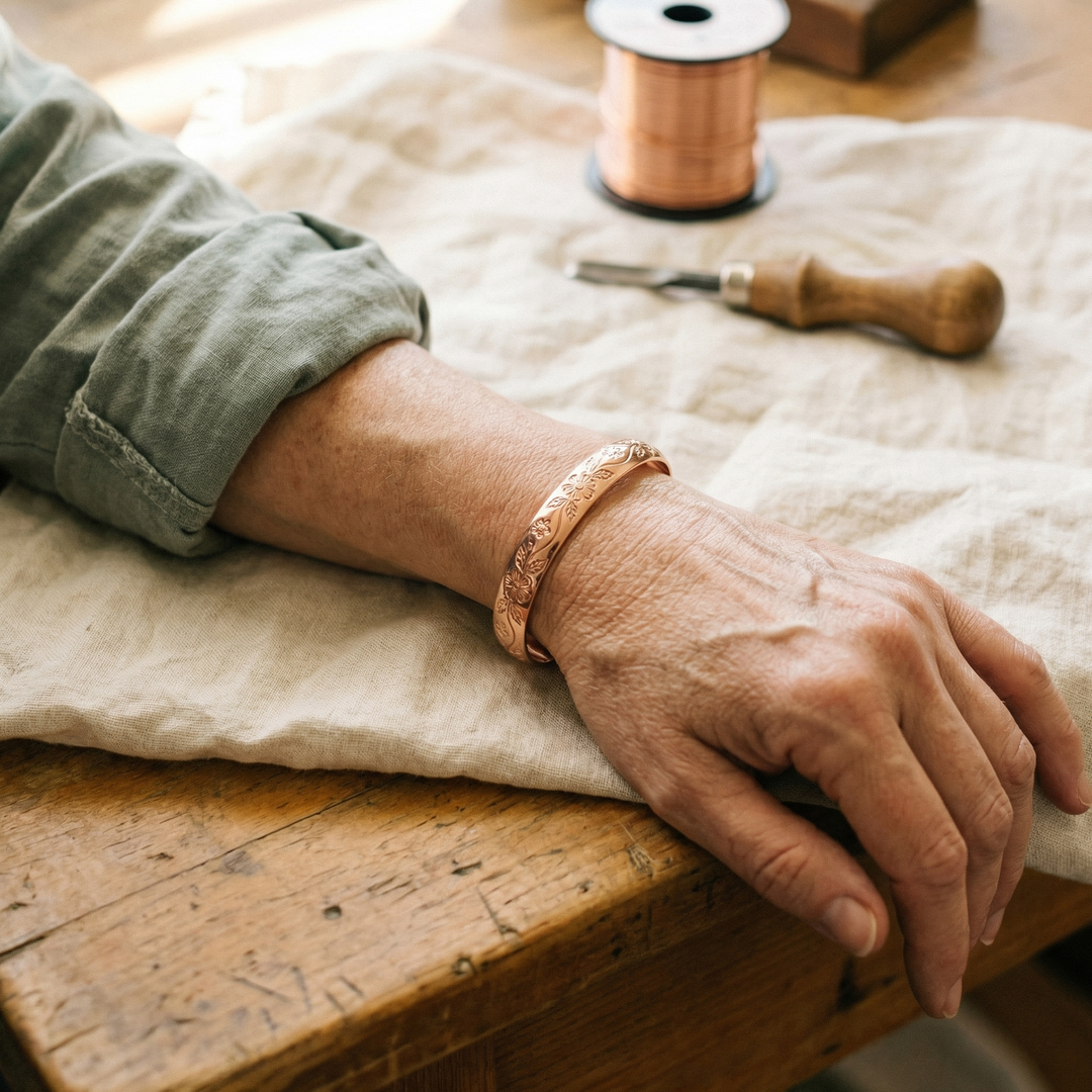 Bloom Copper Bracelet worn on the hand or wrist