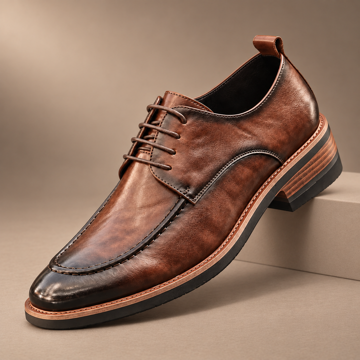 Dante Genuine Leather Derby Shoes in brown, photographed in a warm taupe studio