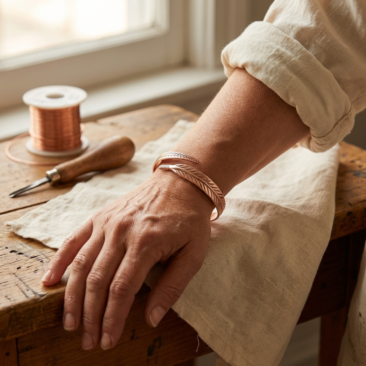Petal Copper Bracelet worn on the hand or wrist