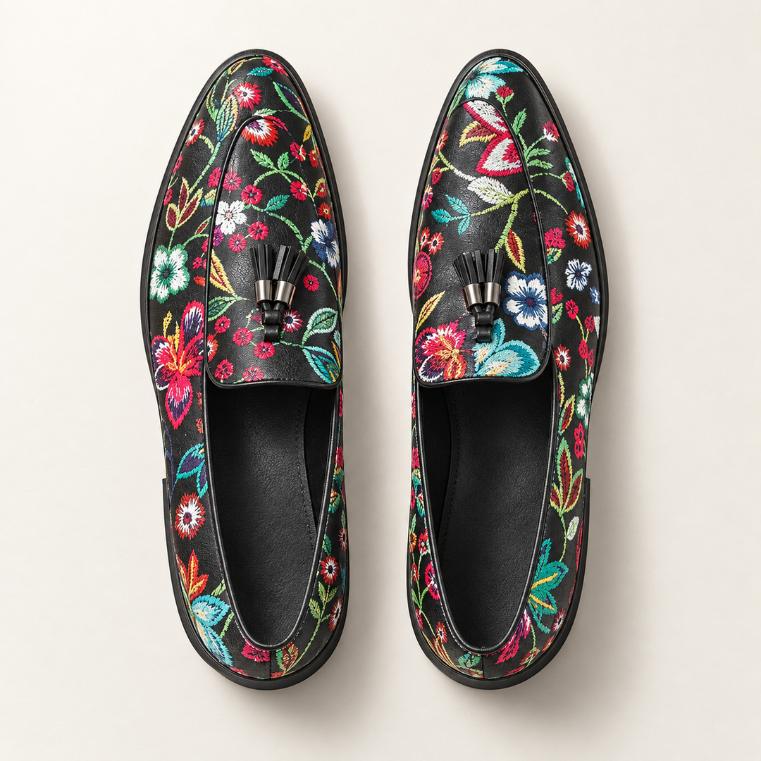 floral tassel loafers — Black — top