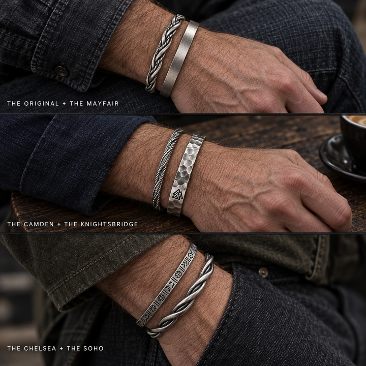 Three cuff combinations worn on the wrist: Original with Mayfair, Camden with Knightsbridge, Chelsea with Soho