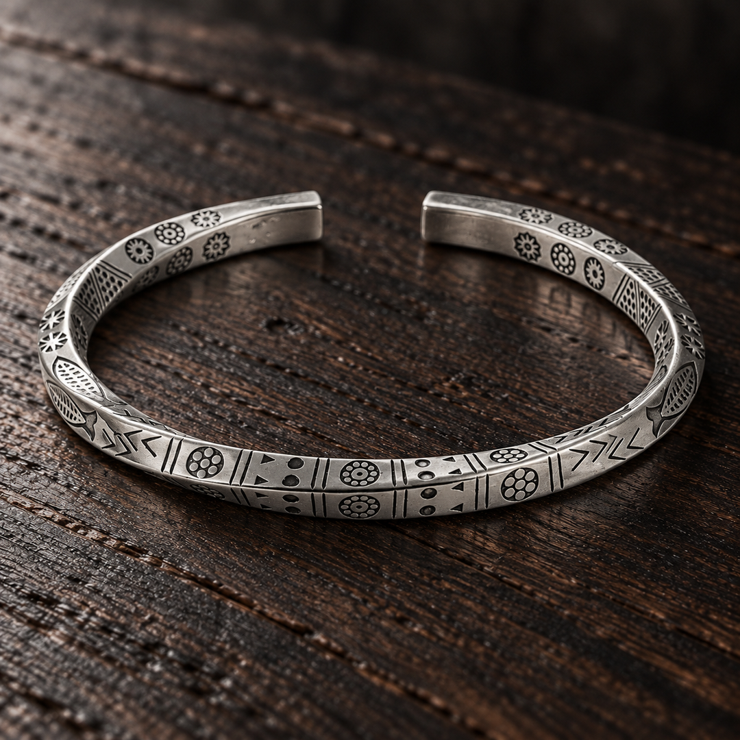 The Chelsea sterling silver cuff with geometric engravings on dark wood