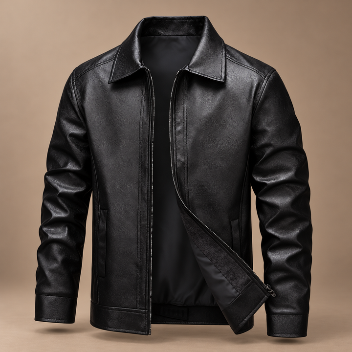 Men’s Zip-Front Jacket in black, photographed in a warm taupe studio