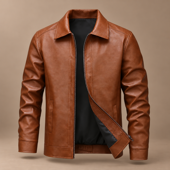 Men’s Zip-Front Jacket in brown, photographed in a warm taupe studio