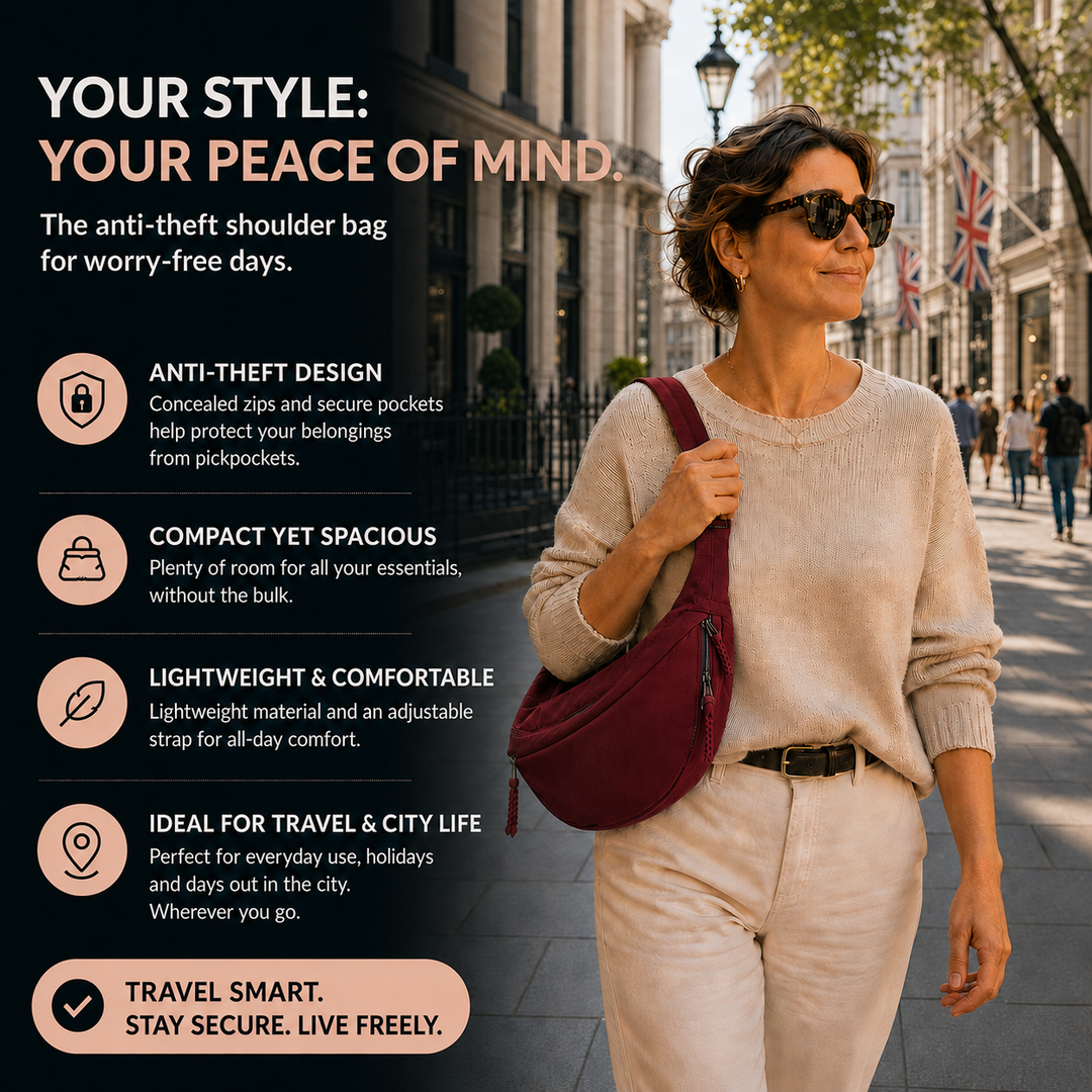Rosie burgundy shoulder bag anti-theft features infographic