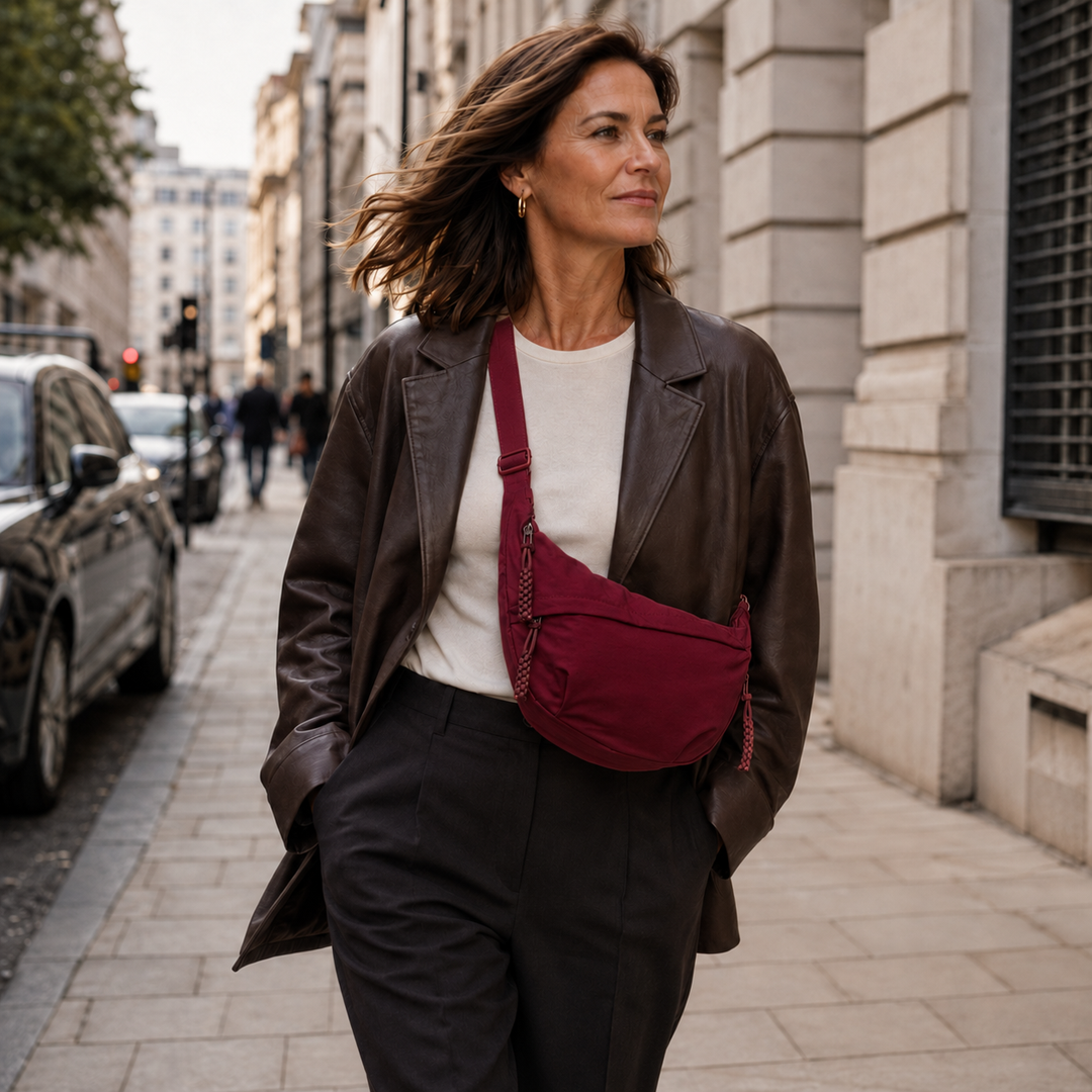 Rosie burgundy shoulder bag worn crossbody in the city