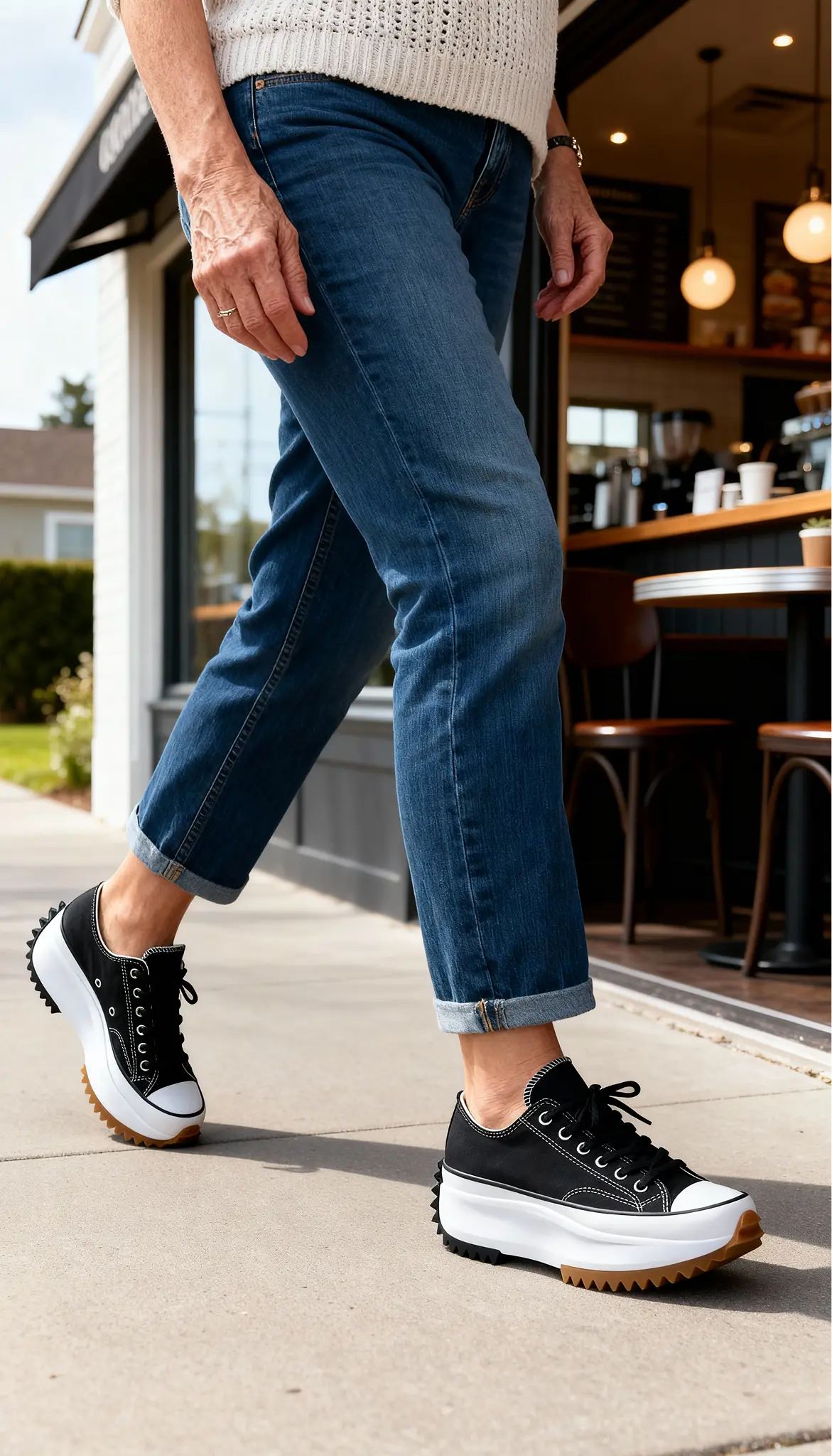 Black platform trainers worn outside a café