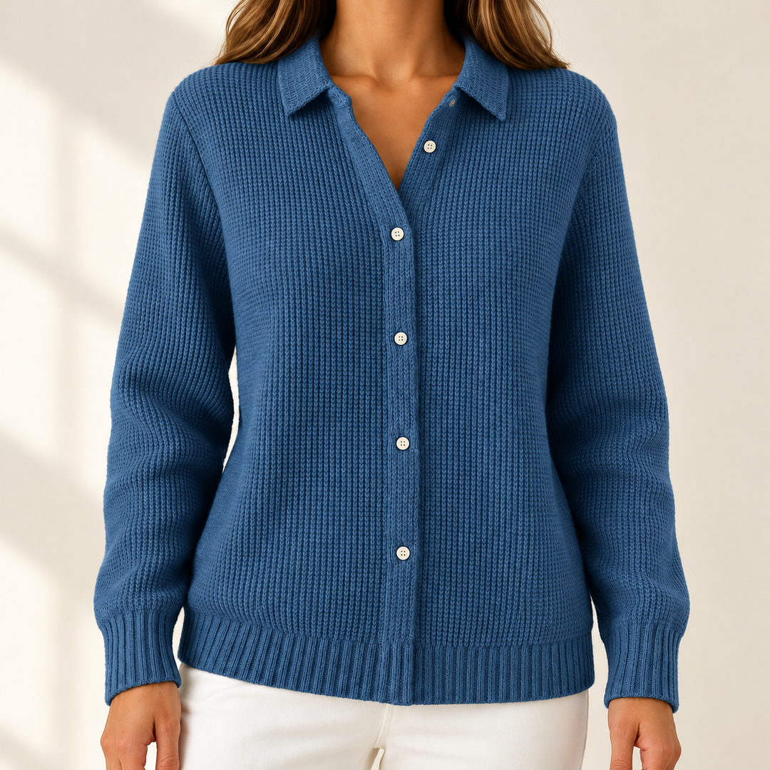Susan Elegant Cosy Knit Cardigan in Dark Blue – studio product photograph