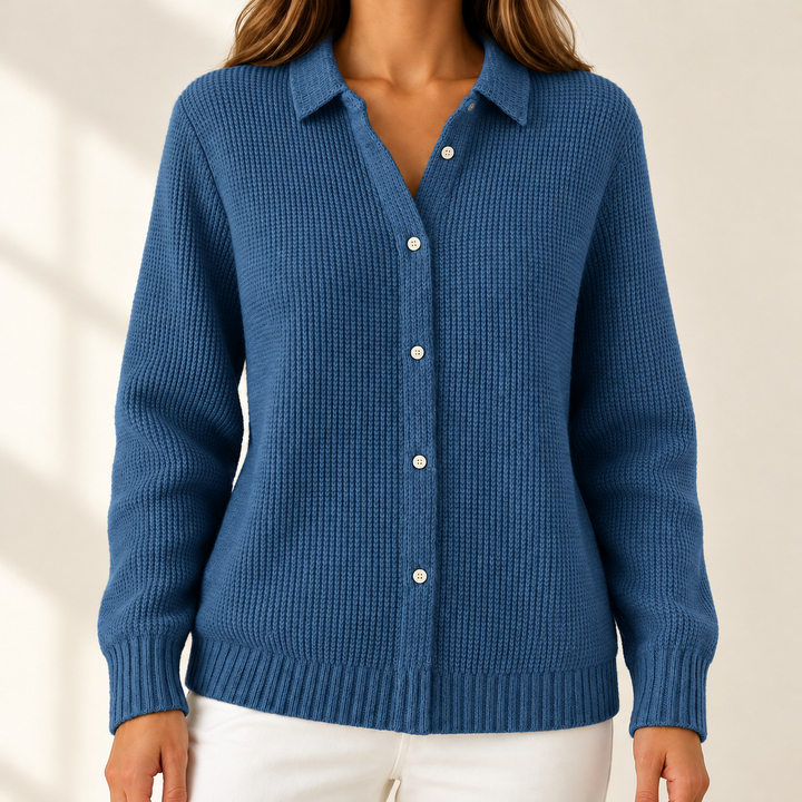 Susan Elegant Cosy Knit Cardigan in Dark Blue – studio product photograph