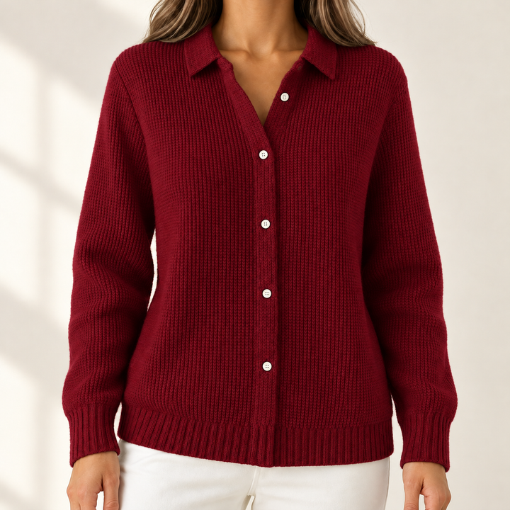 Susan Elegant Cosy Knit Cardigan in Dark Red – studio product photograph