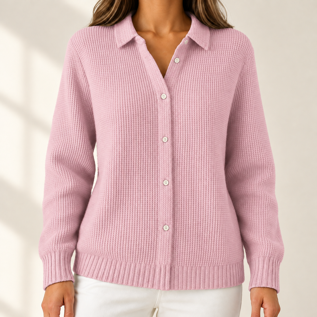 Susan Elegant Cosy Knit Cardigan in Pink – studio product photograph