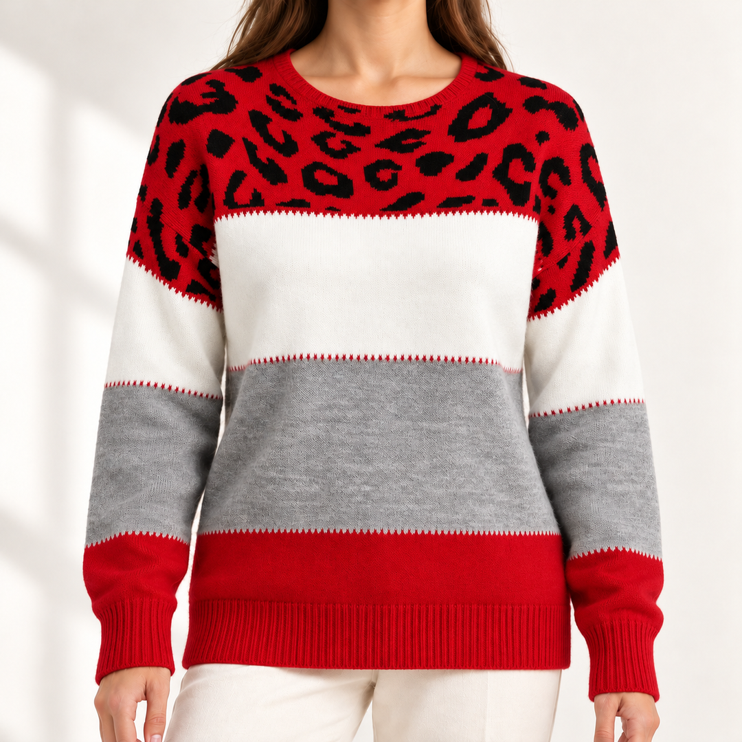 Velora Leopard-Print Knit Jumper in Red – studio product photograph