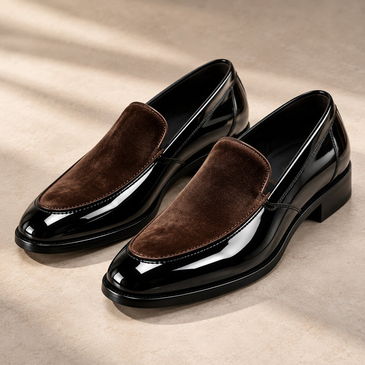 Vincent men's formal loafers in Brown, with textured front panels and a glossy black finish, shown as a pair in a studio setting.
