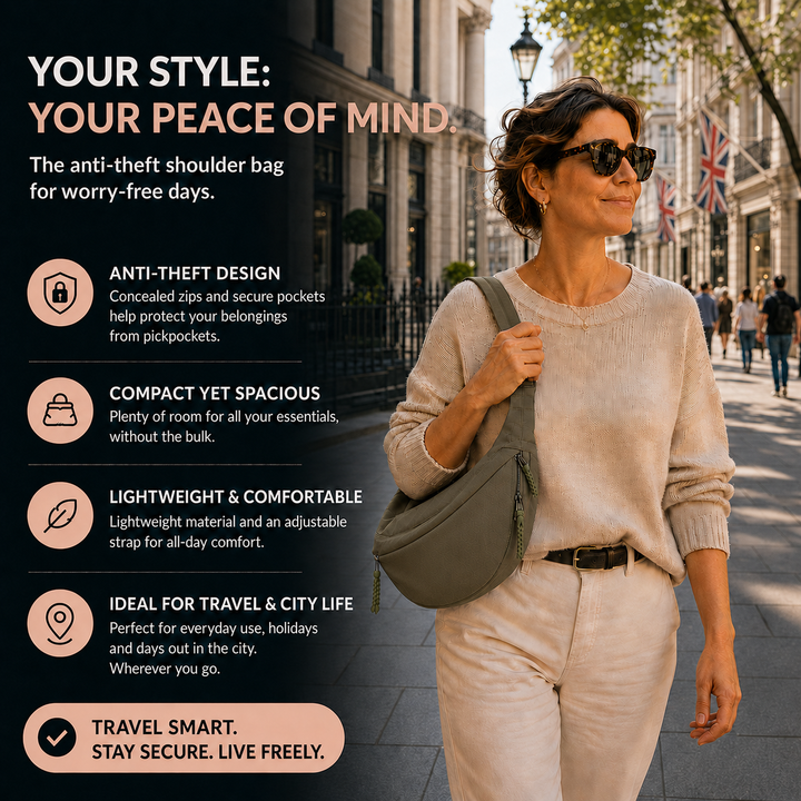 Violet olive green shoulder bag anti-theft features infographic