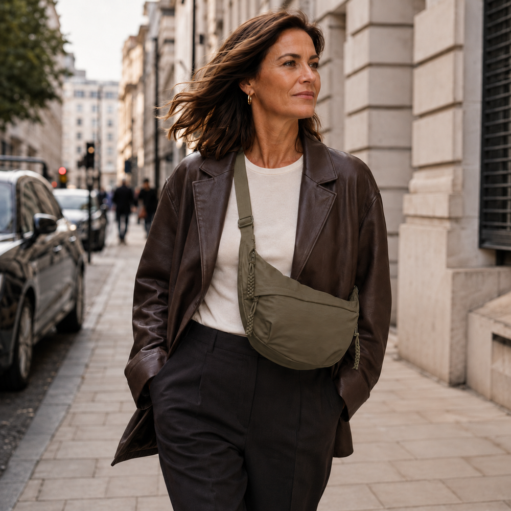 Violet olive green shoulder bag worn crossbody in the city