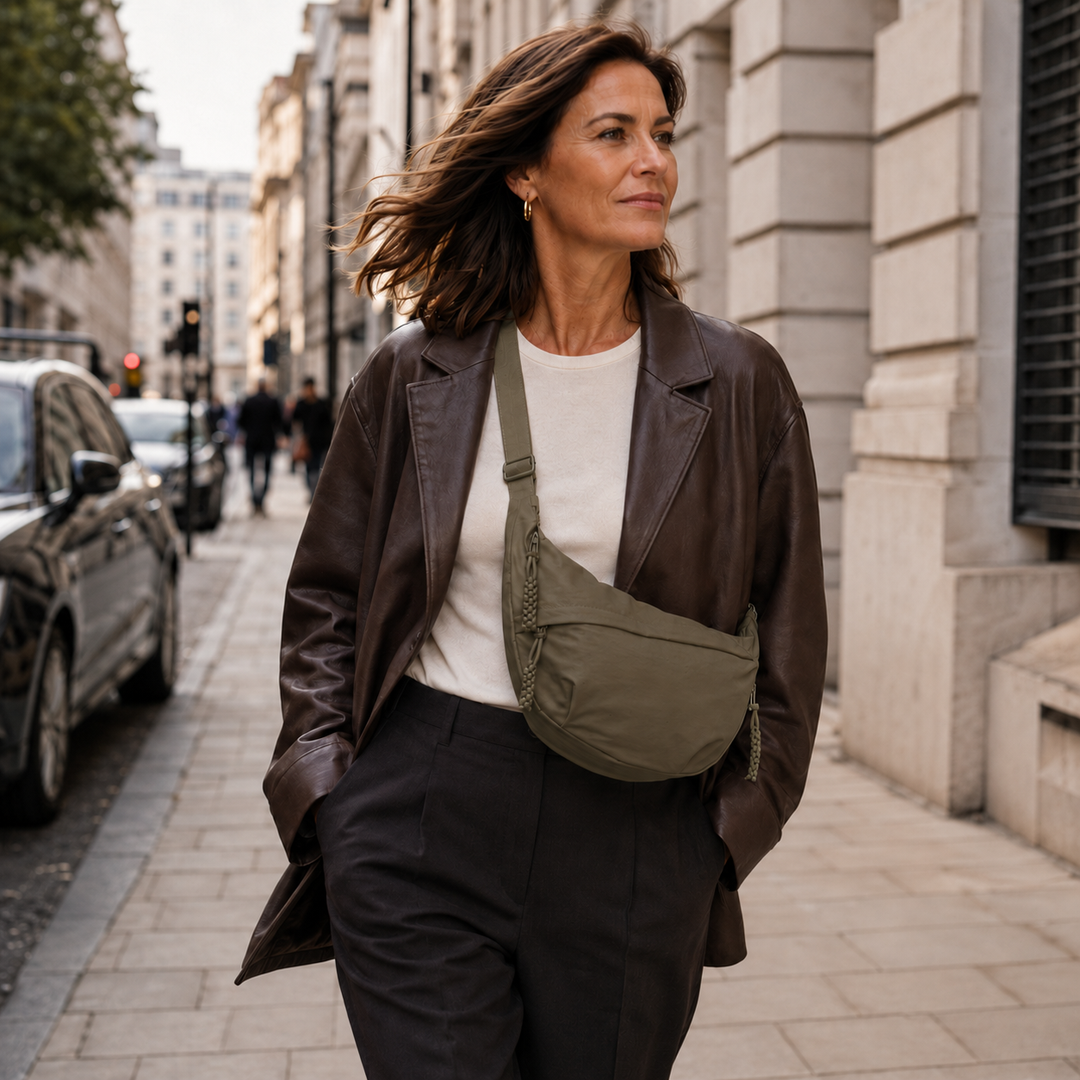 Violet olive green shoulder bag worn crossbody in the city