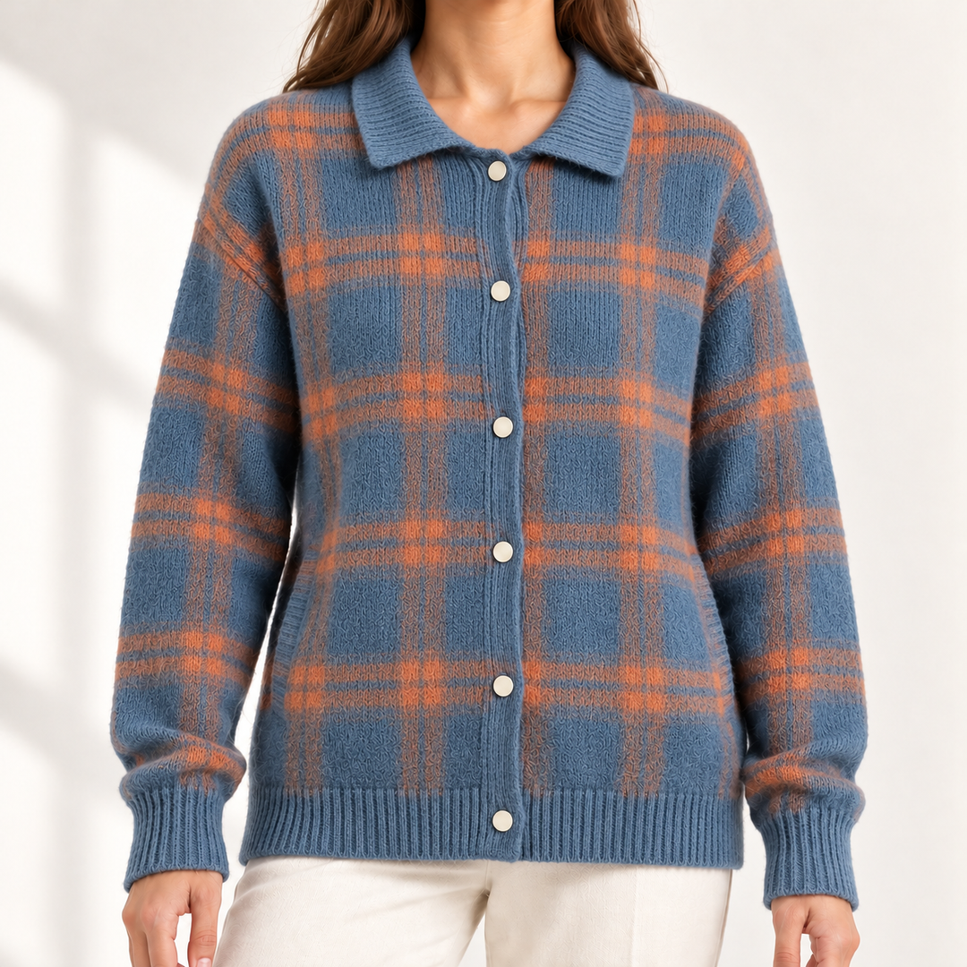 Vivienne Retro Check Knit Jumper in Blue Orange – studio product photograph