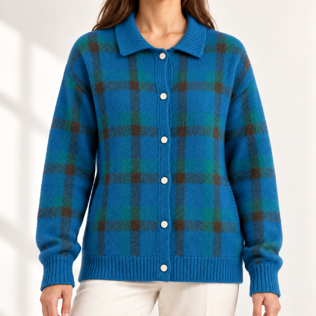 Vivienne Retro Check Knit Jumper in Blue – studio product photograph