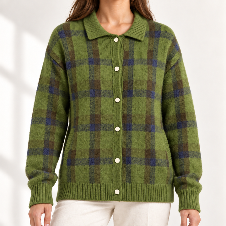 Vivienne Retro Check Knit Jumper in Green – studio product photograph