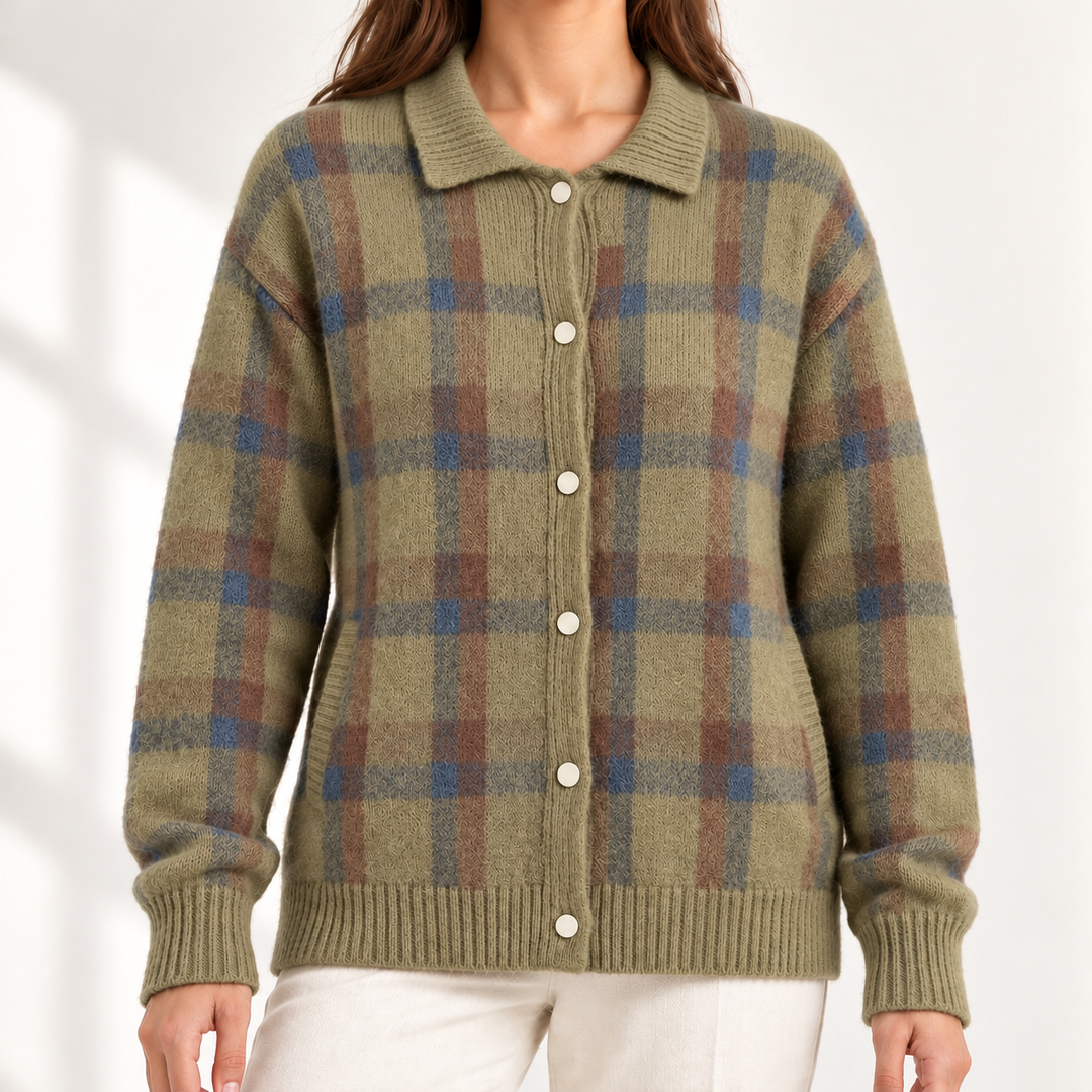 Vivienne Retro Check Knit Jumper in Khaki – studio product photograph