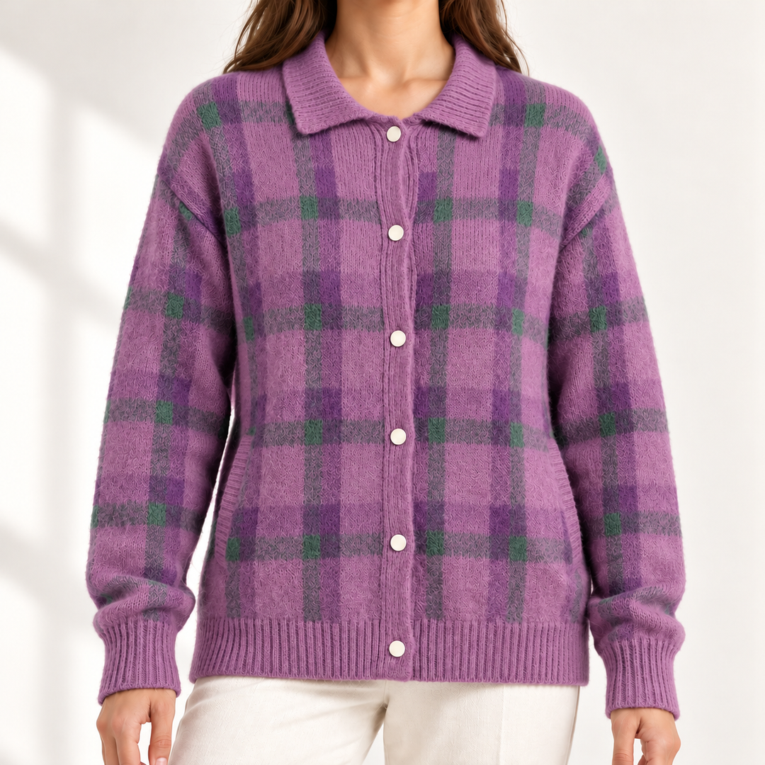 Vivienne Retro Check Knit Jumper in Purple – studio product photograph