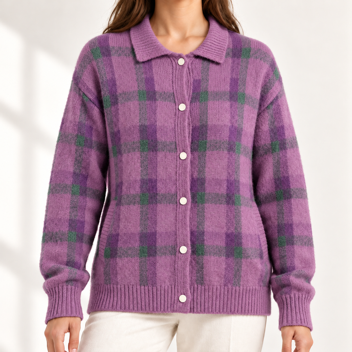 Vivienne Retro Check Knit Jumper in Purple – studio product photograph