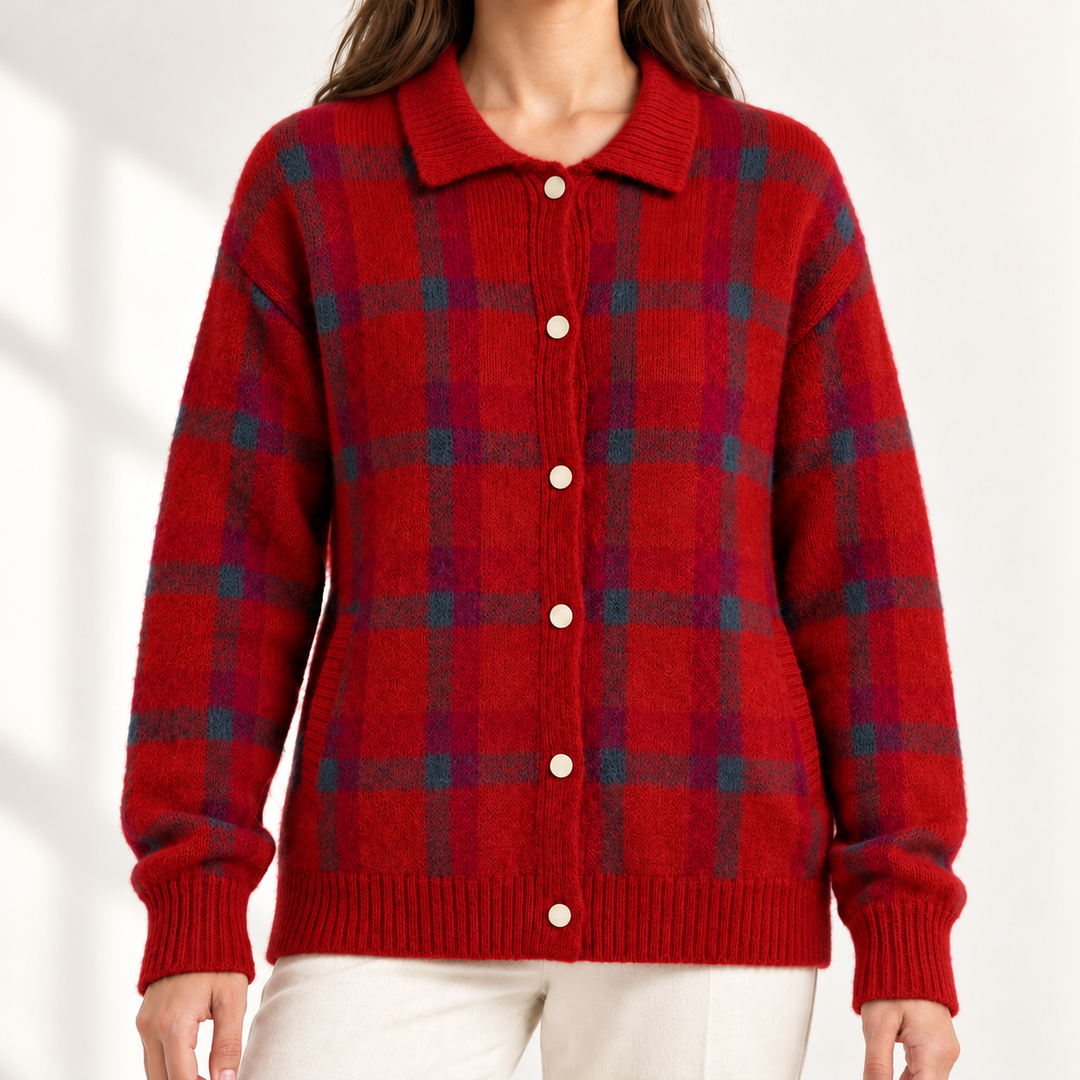 Vivienne Retro Check Knit Jumper in Red – studio product photograph