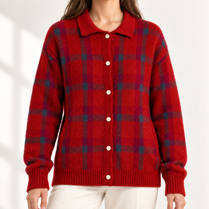 Vivienne Retro Check Knit Jumper in Red – studio product photograph