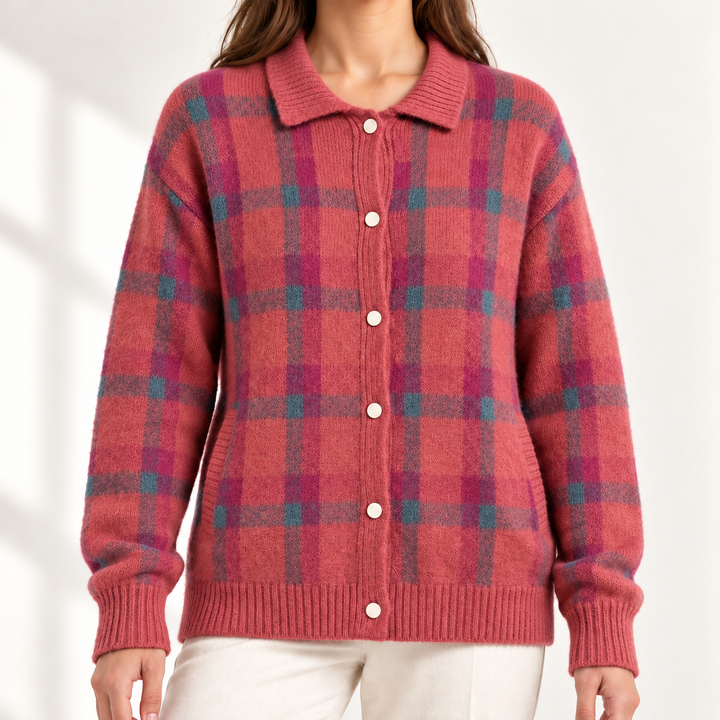 Vivienne Retro Check Knit Jumper in Rose – studio product photograph